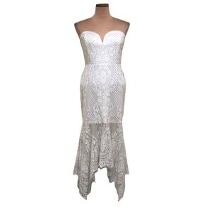 Shona Joy Midi Lace Bustier Handkerchief Hem Dress Size 6 White Floral Lace